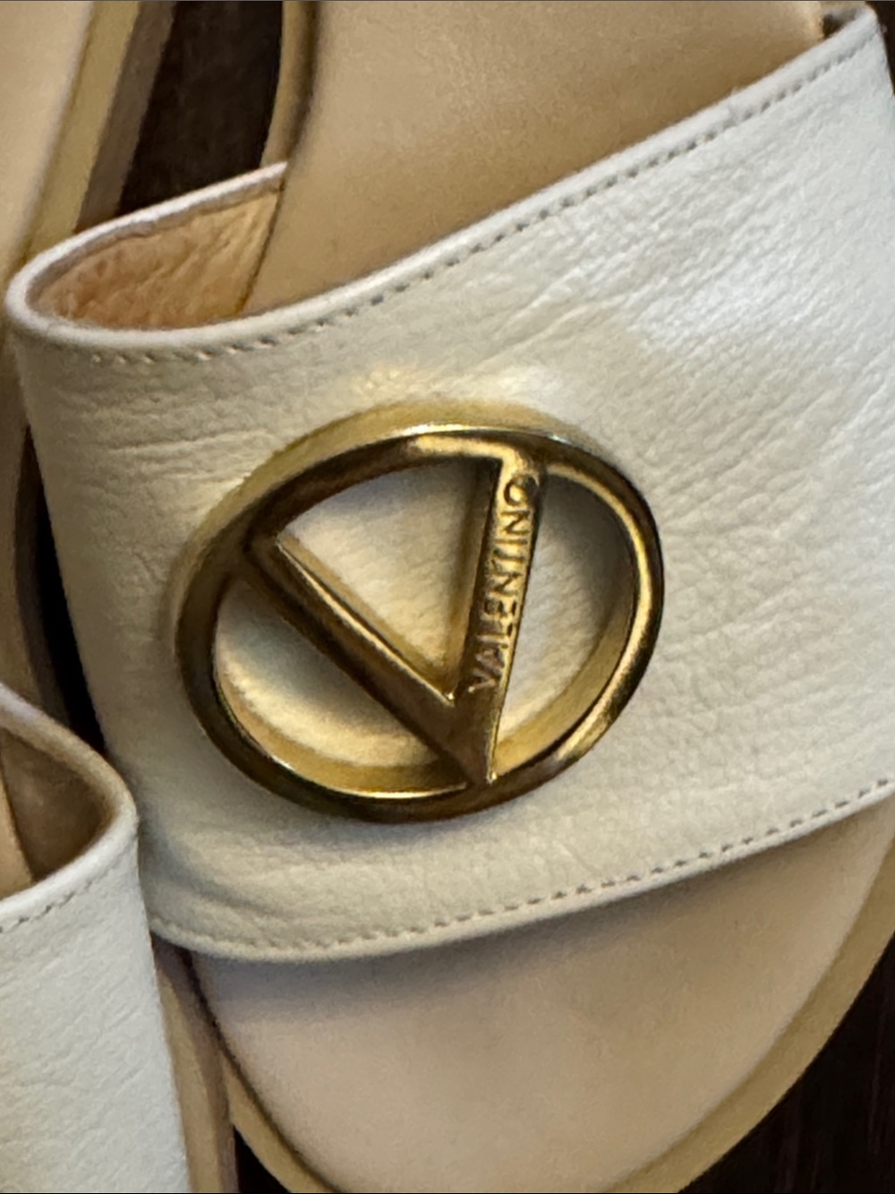 Valentino Cream Slide Sandals with Gold Logo Medallions - Picture 6 of 6